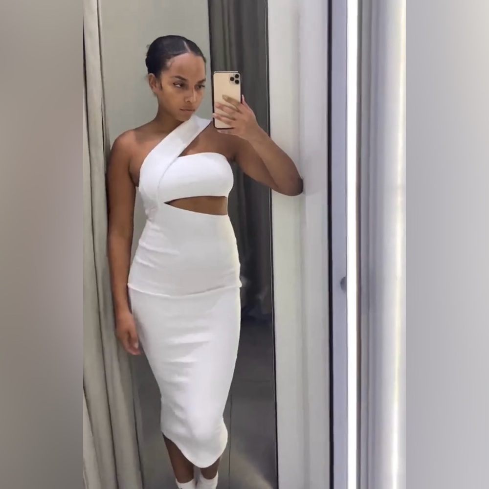 Zara white midi dress cropped one shoulder ribbed cotton fitted bodycon - Picture 5 of 16